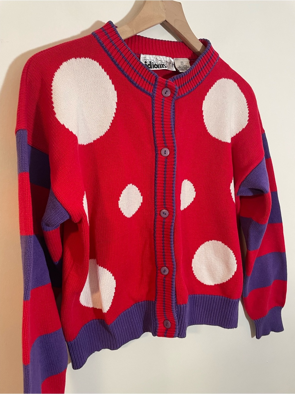 Vintage Idioms Cardigan Sweater Twee Circles Stripes Red & Purple Size Medium - Picture 3 of 8